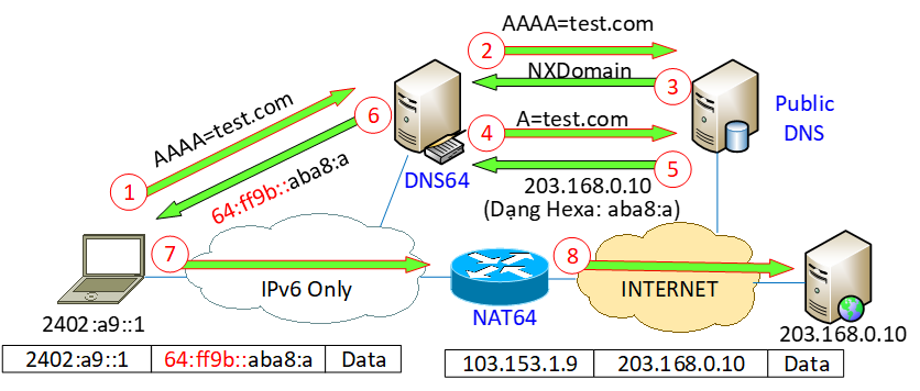 Hình 9: Hoạt động của kỹ thuật DNS64/NAT64
