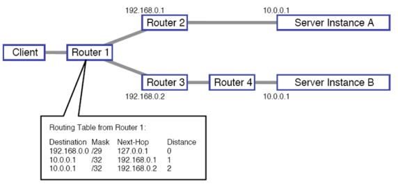 Router1 kiểm tra bảng định tuyến, có 02 đường đi đến máy chủ 10.0.0.1